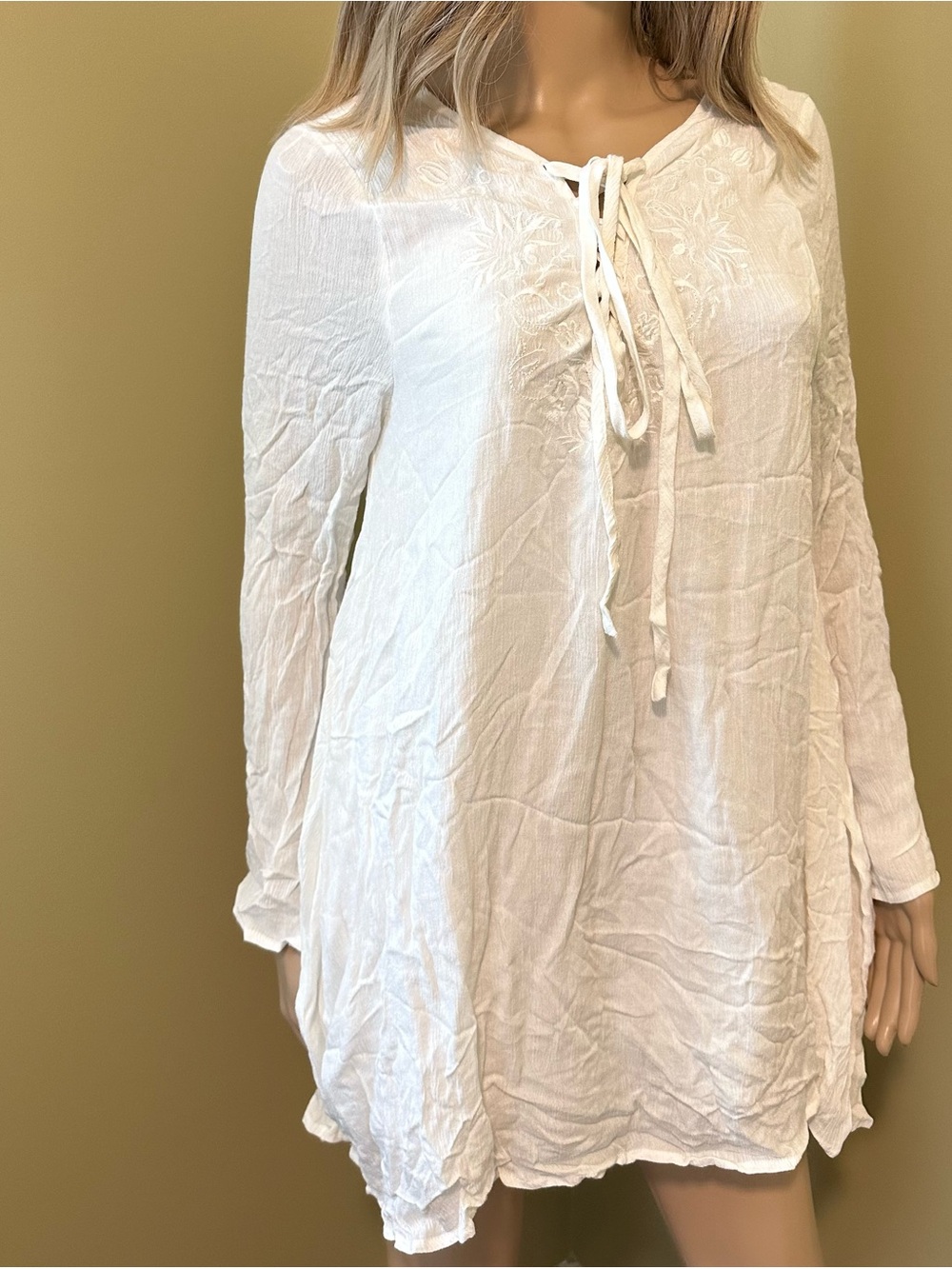 Harlow White Embroidered Tie-Neck Tunic Dress Medium